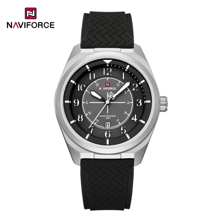 ساعت مچی مردانه Naviforce مدل NF9281 | بند سیلیکونی مشکی، صفحه مشکی، قاب نقره ای | اسپرت و مقاوم