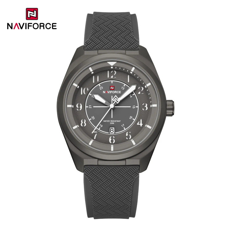 ساعت مچی مردانه Naviforce مدل NF9281 | بند سیلیکونی خاکستری ، صفحه و قاب خاکستری / خاکی | اسپرت و مقاوم