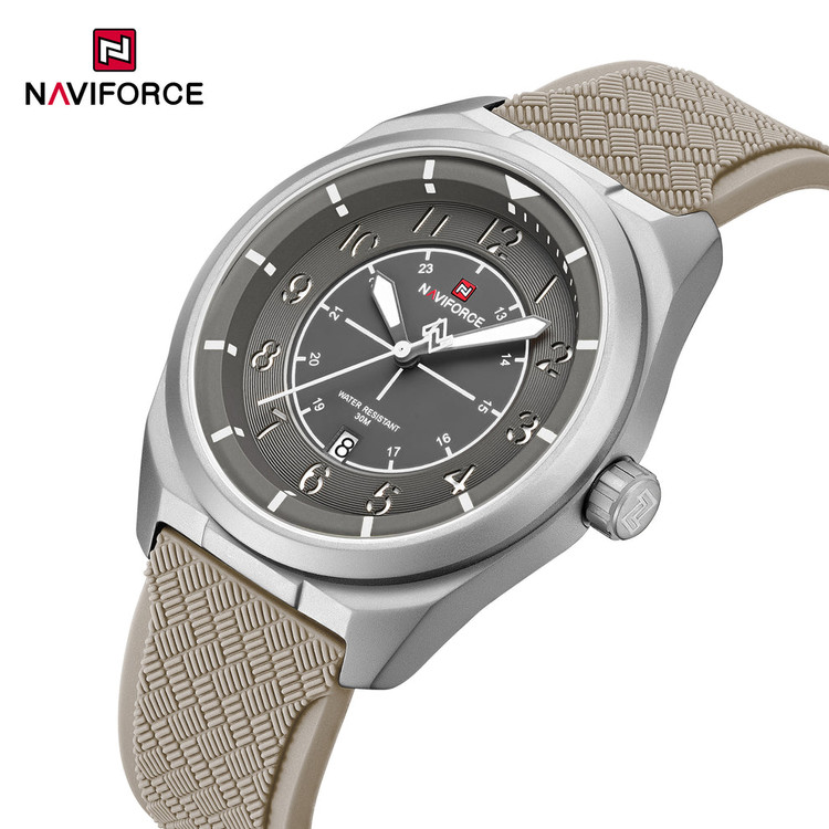 ساعت مچی مردانه Naviforce مدل NF9281 | بند سیلیکونی بژ ، صفحه و قاب بژ | اسپرت و مقاوم