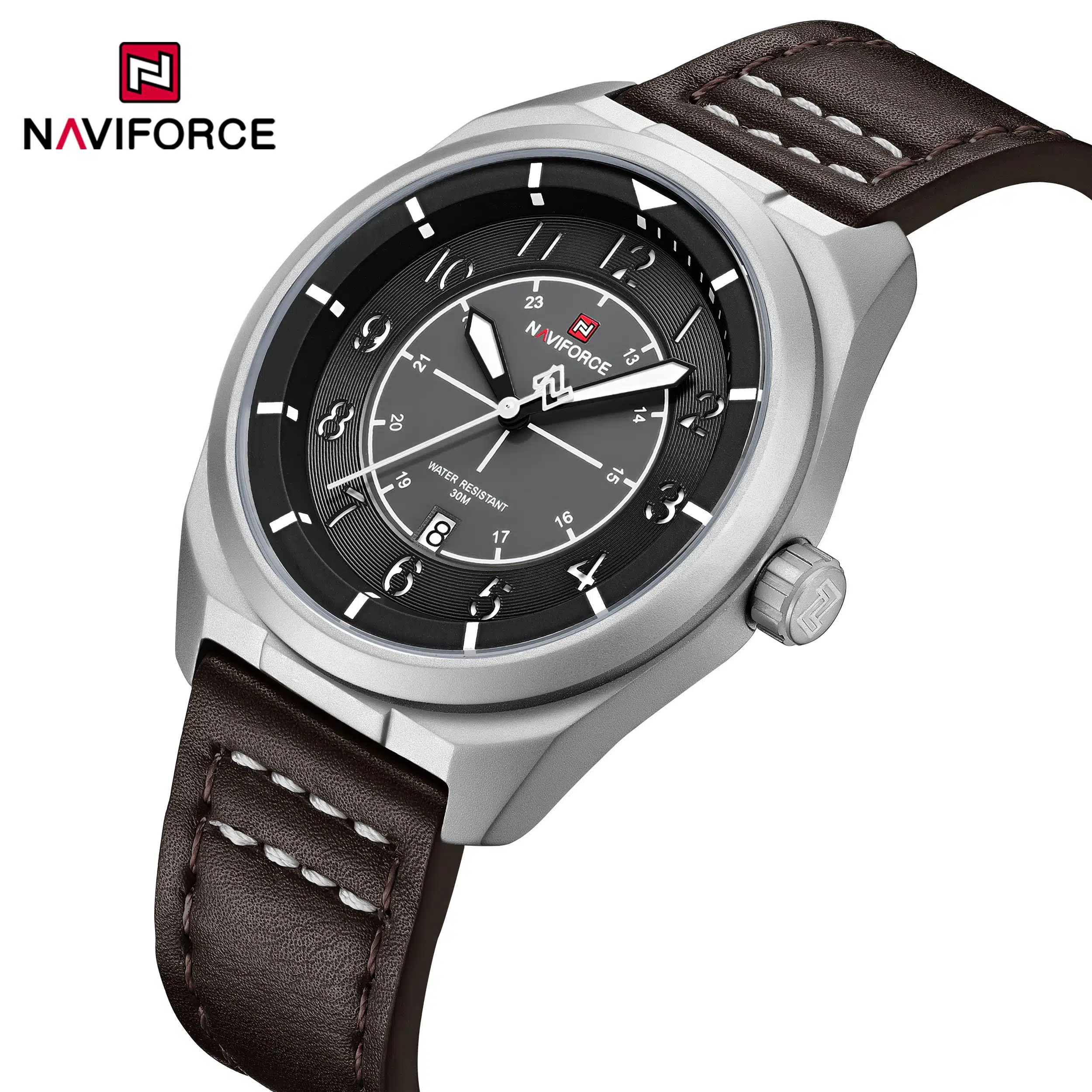 ساعت مچی مردانه Naviforce مدل NF9281 | صفحه مشکی  |بند چرم قهوه ای